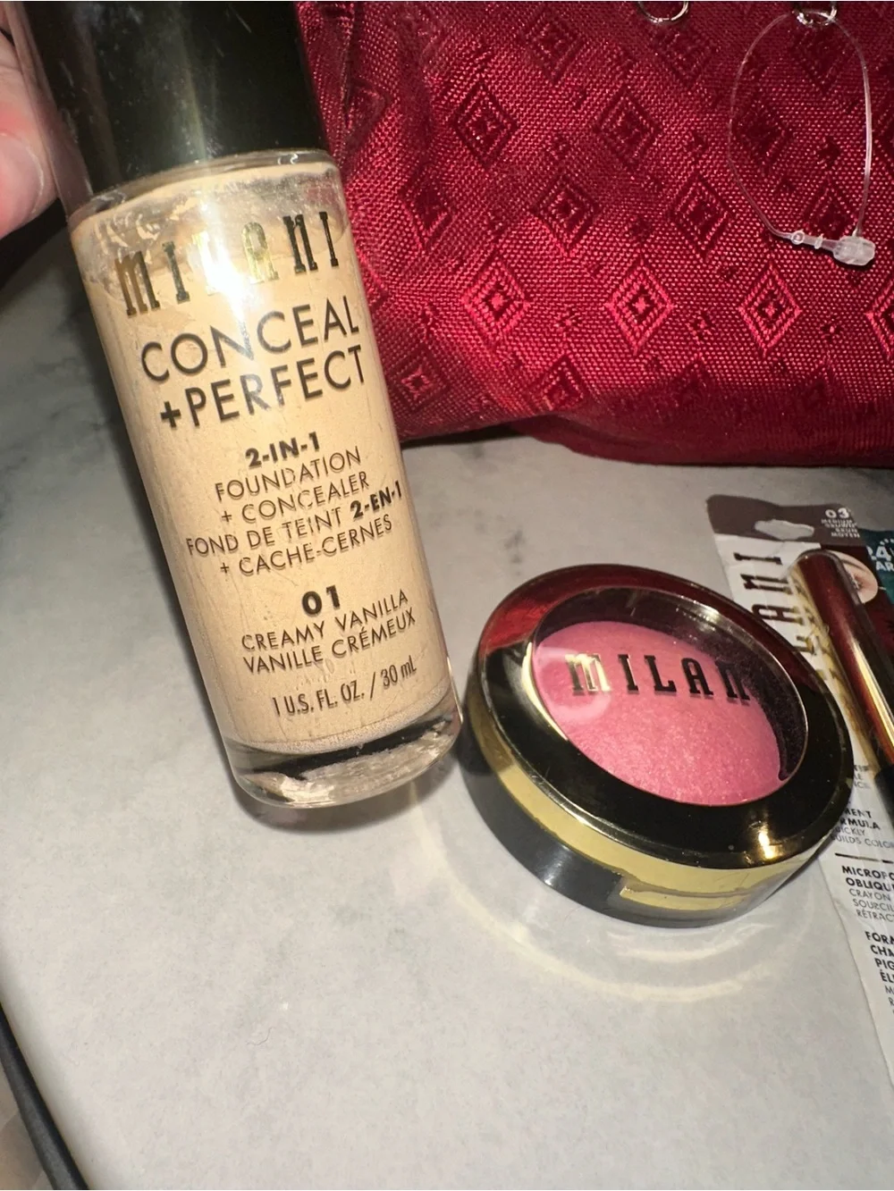 Milani Makeup Bundle with Red Cosmetic Bag and Pink Blush
